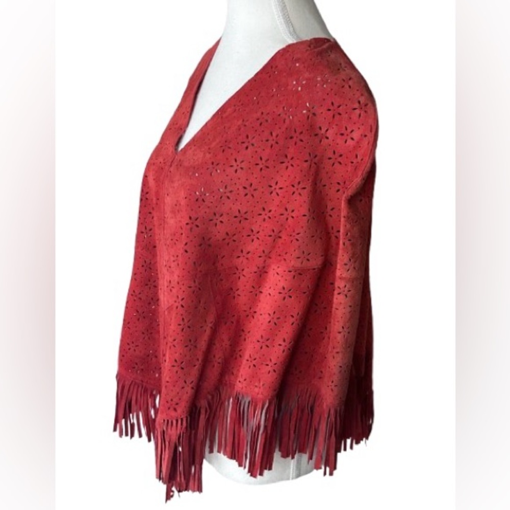 Vintage Suede Fringe Cape Orange Coral Cut Out Leather Shawl Jacket Boho Retro - Picture 7 of 12